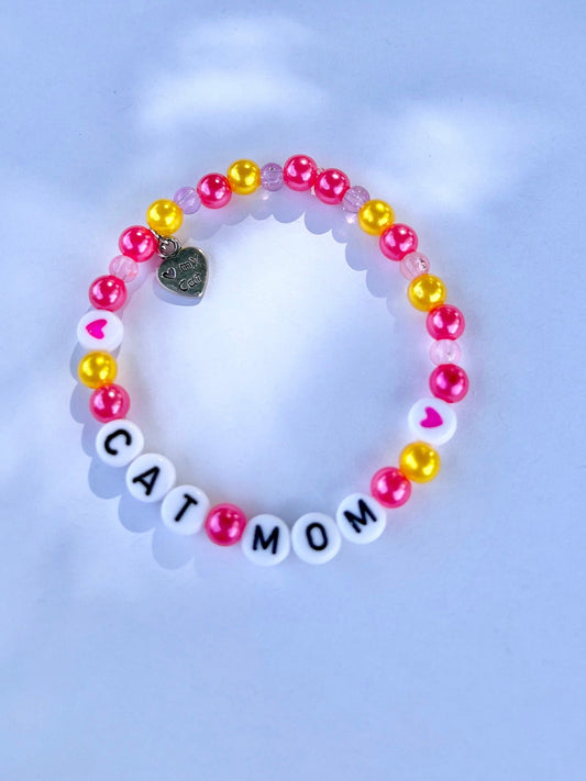CAT MOM Bracelet Customizable Beaded Elastic Bracelet for Cat Owner Gift for Cat Lover Cat Jewelry I Love My Cat Charm Paw Pedant