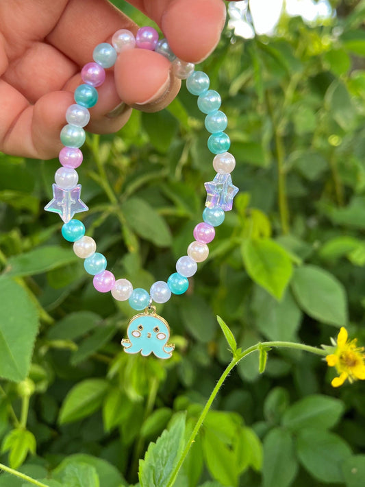 Bracelet Summer Design with Octopus Charm Cute Gift for Kids Happy Blue and Pink Beads Stars Jewelry GIft for Daughter