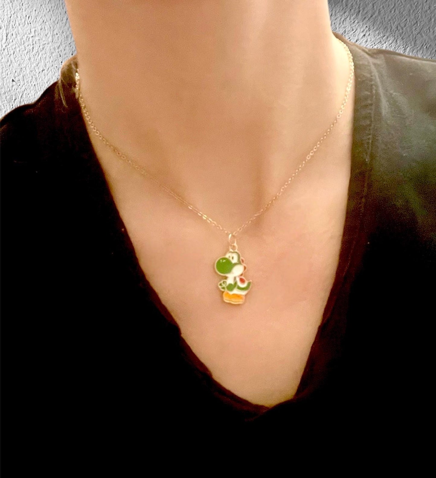 Nintendo Yoshi Necklace with Charm Nostalgic Gift for Retro Gamer Handmade Video Game Jewelry Yoshi Pendant Gold Yoshi Necklace