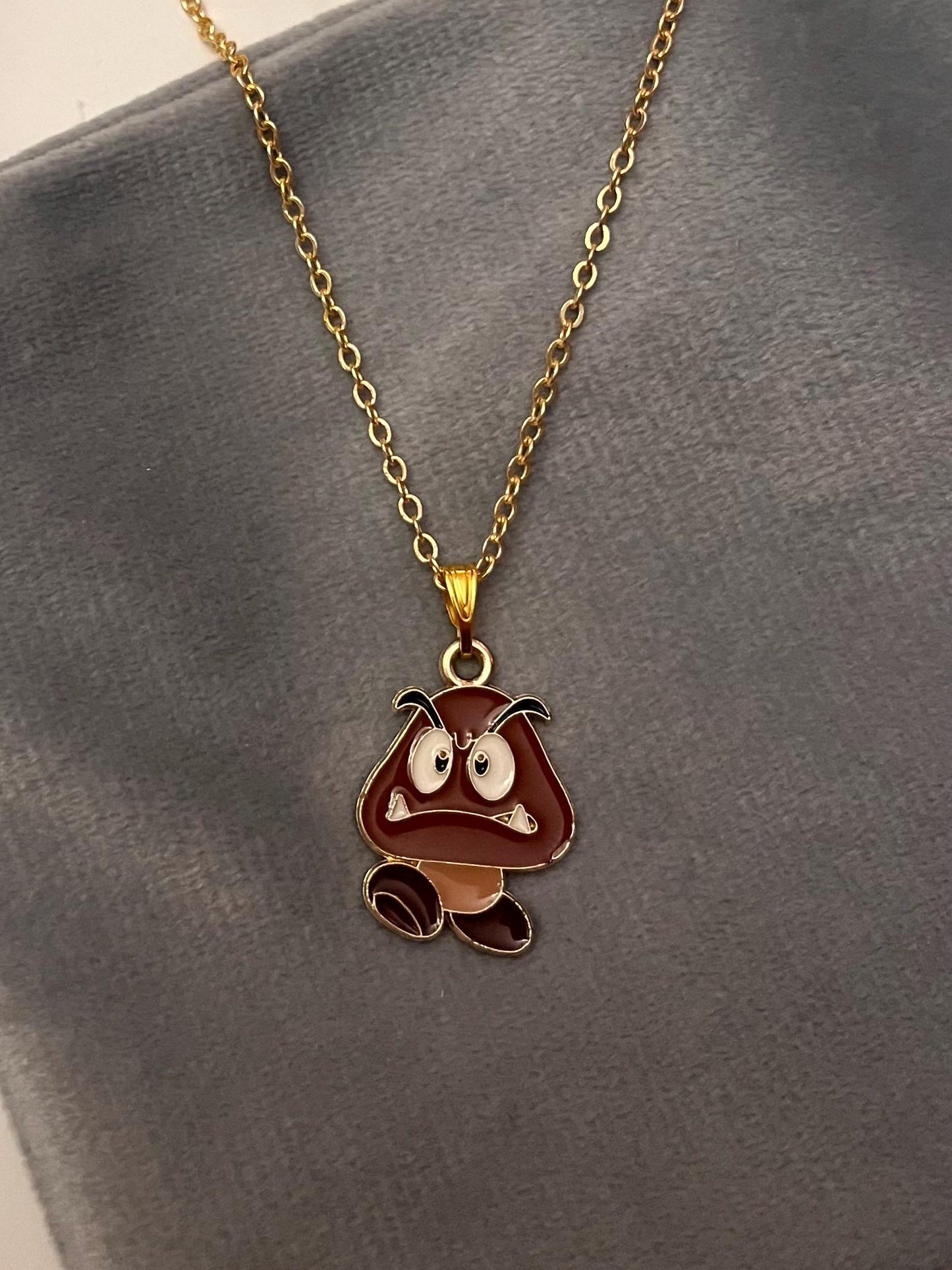 Nintendo Goomba Necklace with Charm Nostalgic Gift for Retro Gamer Handmade Video Game Jewelry Goomba Pendant Gold Goomba Charm