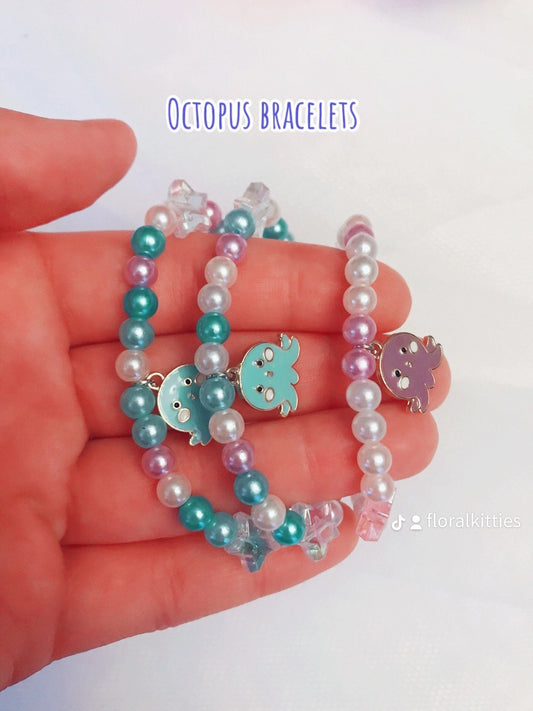 Bracelet Summer Design with Octopus Charm Cute Gift for Kids Happy Blue and Pink Beads Stars Jewelry GIft for Daughter