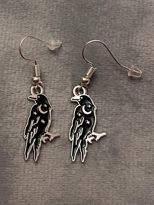 Magic Raven Earrings Crow Jewelry Wicca Gift Pagan Pendant Star Silver Imitation Crescent Moon Godess Jewelry