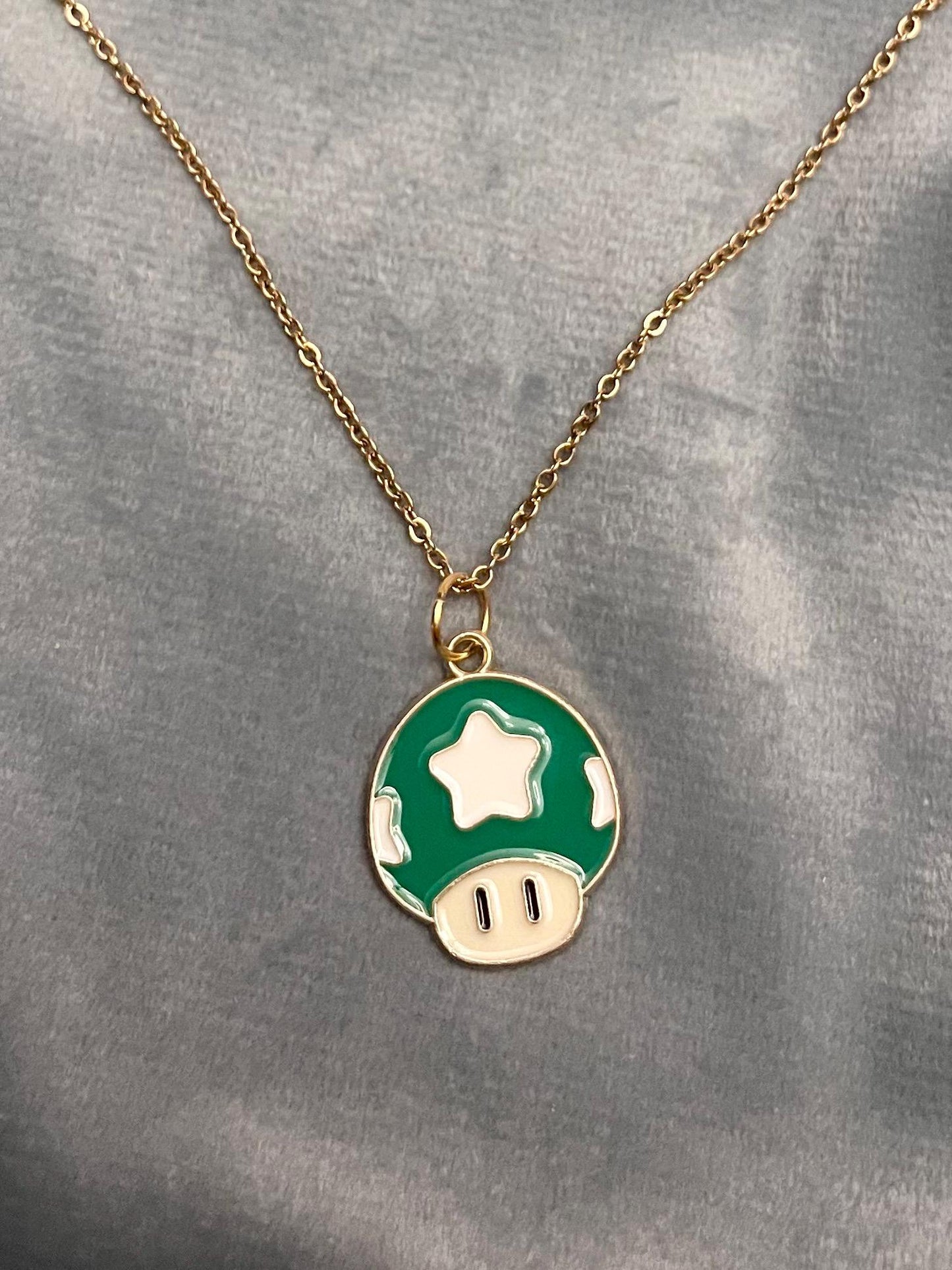 Nintendo 1-Up Mushroom Necklace Gold Imitation Super Mario Mushroom Charm Gift for Retro Gamer Handmade Video Game Jewelry Green Mushroom