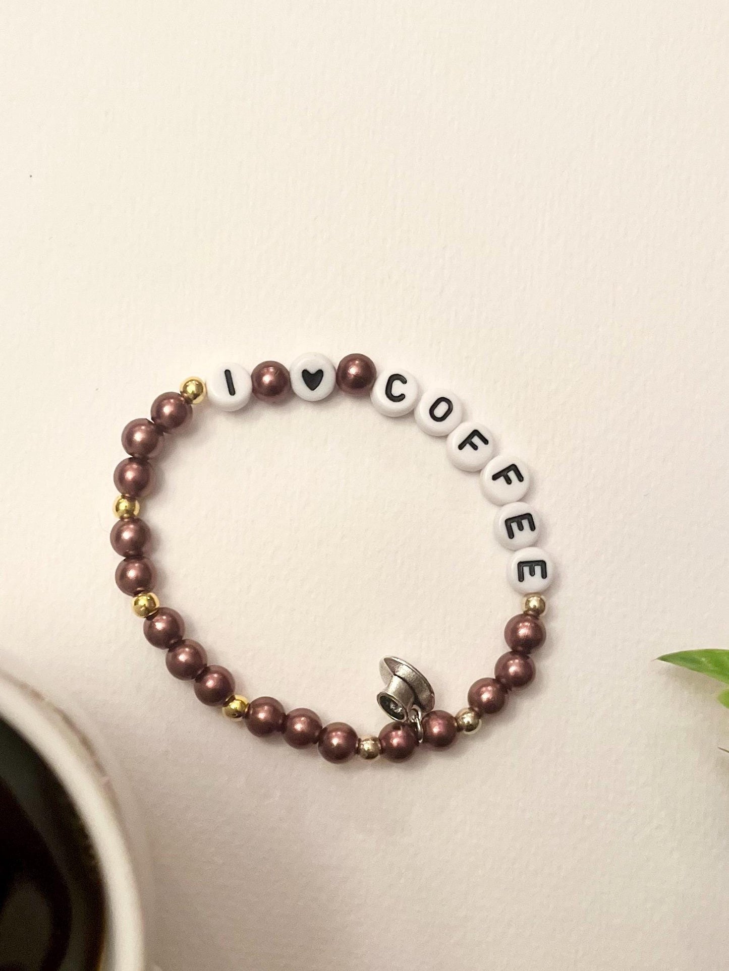 I love coffee Armband Elastiskt Pärlarmband för Kaffeälskare Kopp berlock