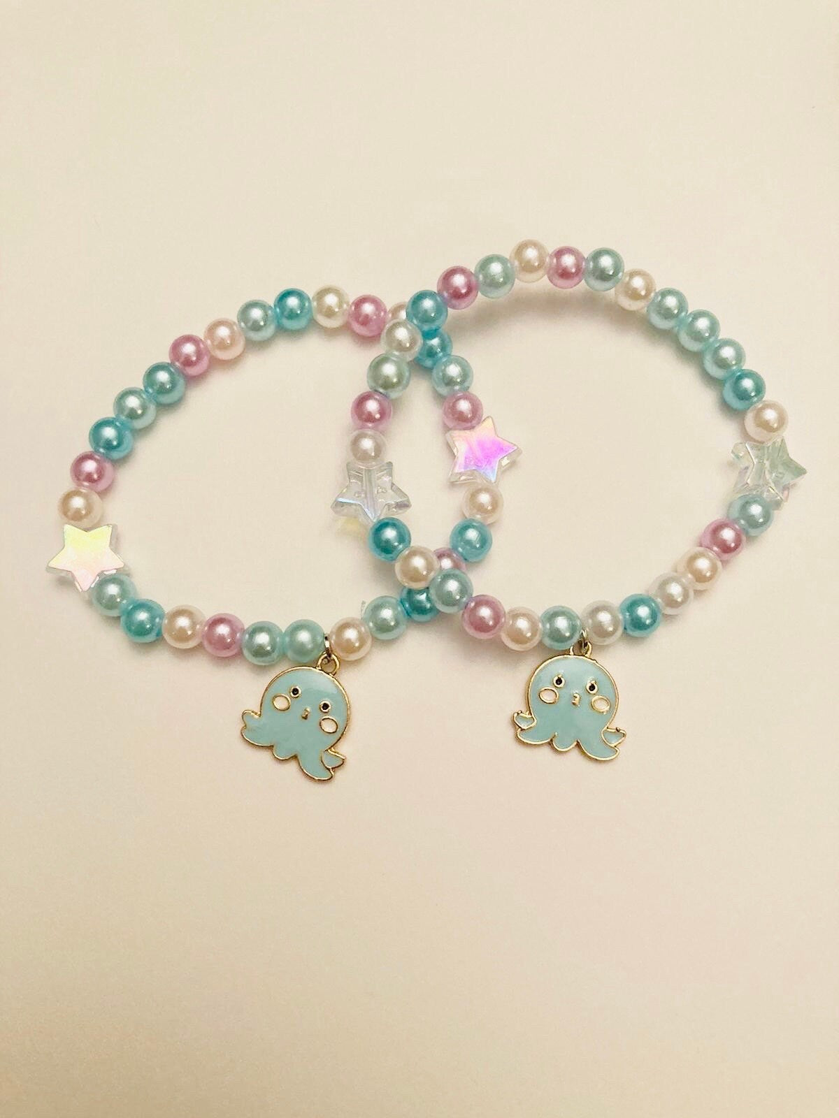 Bracelet Summer Design with Octopus Charm Cute Gift for Kids Happy Blue and Pink Beads Stars Jewelry GIft for Daughter