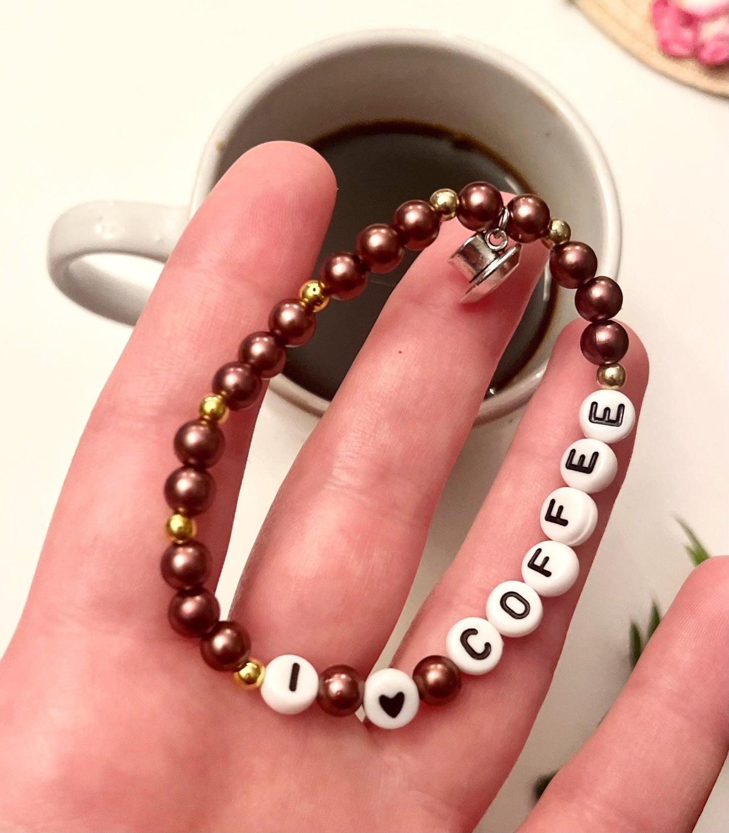 I love coffee Armband Elastiskt Pärlarmband för Kaffeälskare Kopp berlock