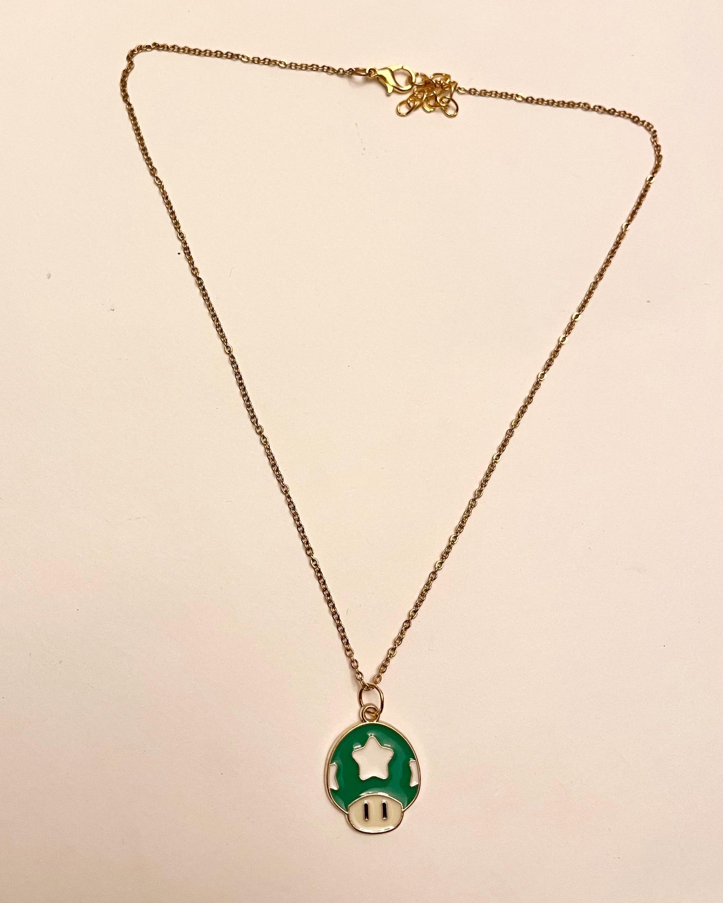Nintendo 1-Up Mushroom Necklace Gold Imitation Super Mario Mushroom Charm Gift for Retro Gamer Handmade Video Game Jewelry Green Mushroom