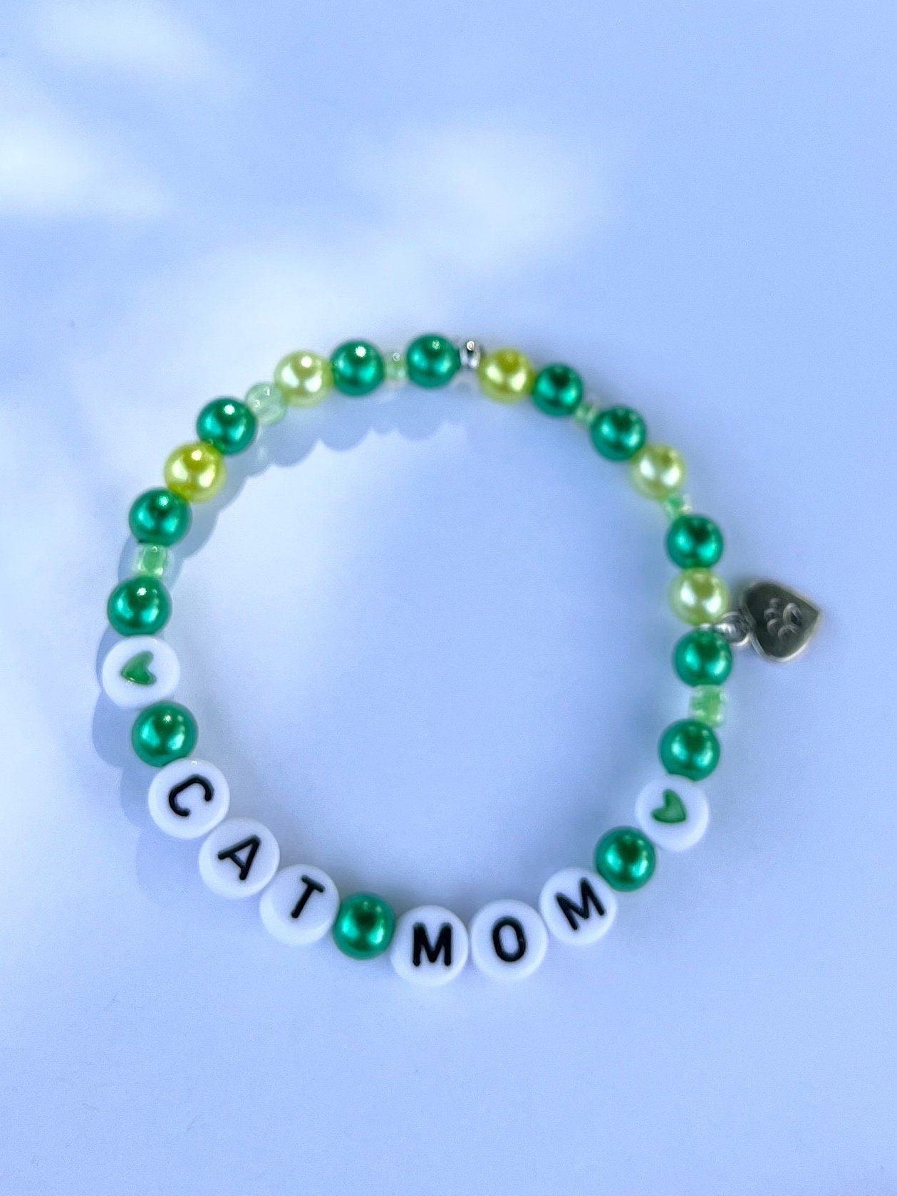 CAT MOM Bracelet Customizable Beaded Elastic Bracelet for Cat Owner Gift for Cat Lover Cat Jewelry I Love My Cat Charm Paw Pedant