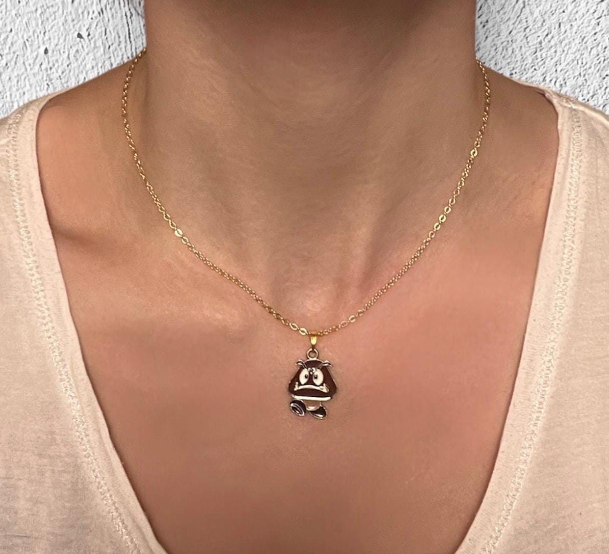 Nintendo Goomba Necklace with Charm Nostalgic Gift for Retro Gamer Handmade Video Game Jewelry Goomba Pendant Gold Goomba Charm