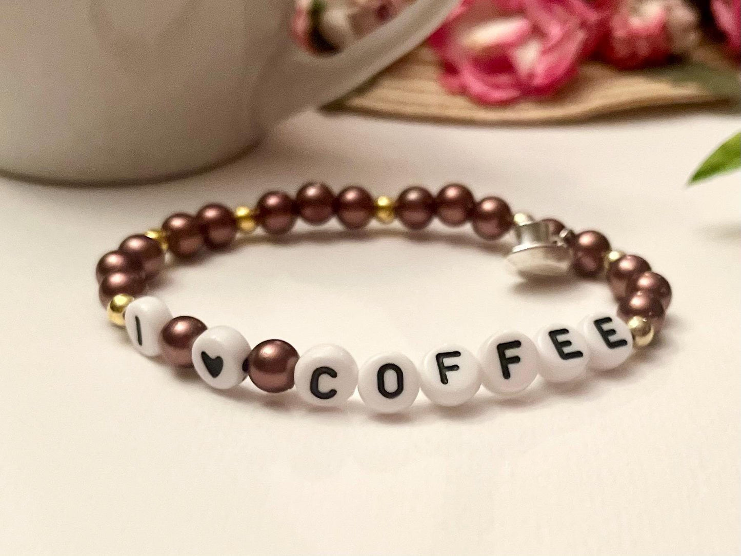 I love coffee Armband Elastiskt Pärlarmband för Kaffeälskare Kopp berlock
