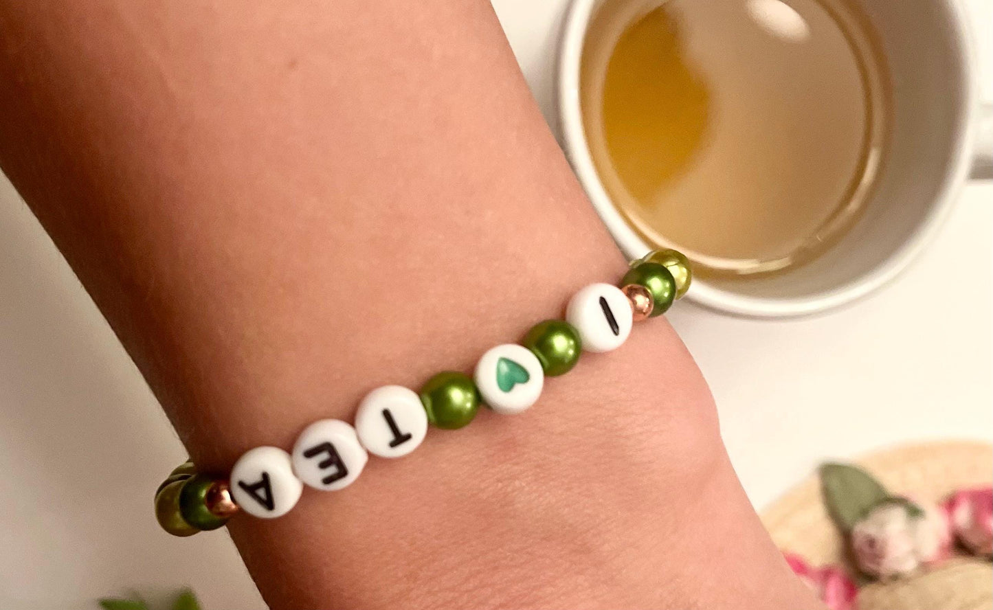 I LOVE TEA Armband Elastiskt pärlarmband för Teälskare Kopp berlock