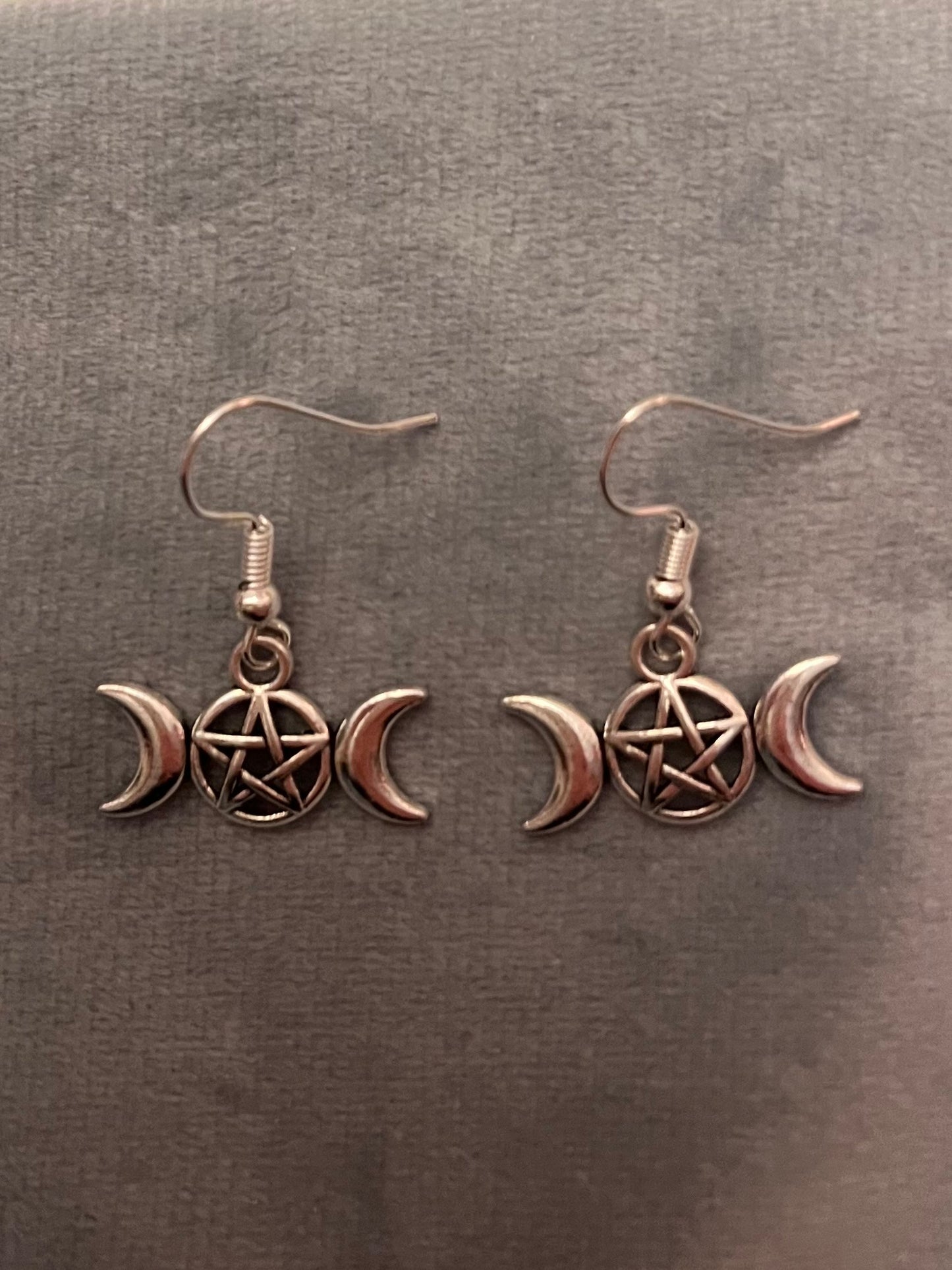 Triple Moon Earrings Wicca Gift Pagan Pendant Star Silver Imitation Crescent Moon Godess Jewelry Pentacle and Moons
