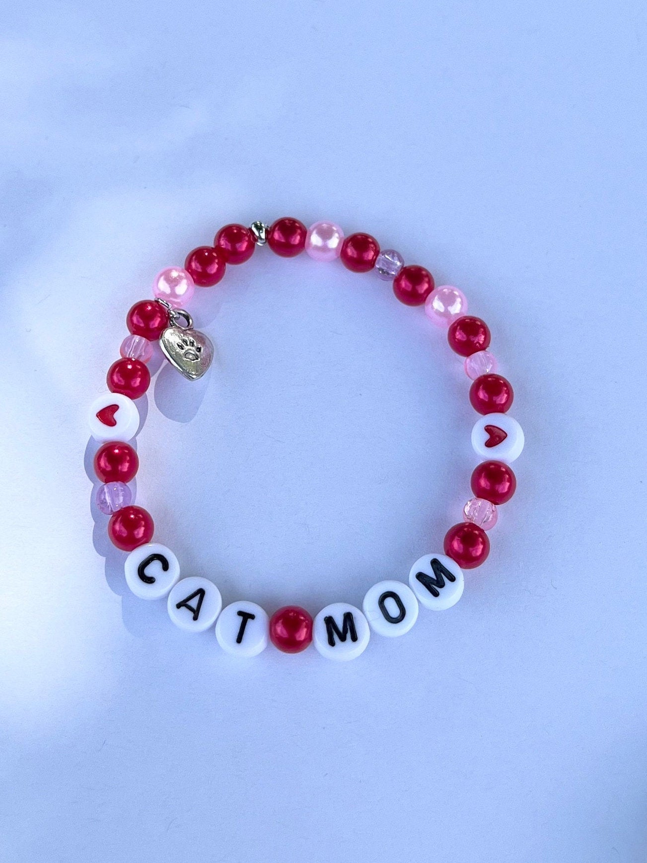 CAT MOM Bracelet Customizable Beaded Elastic Bracelet for Cat Owner Gift for Cat Lover Cat Jewelry I Love My Cat Charm Paw Pedant