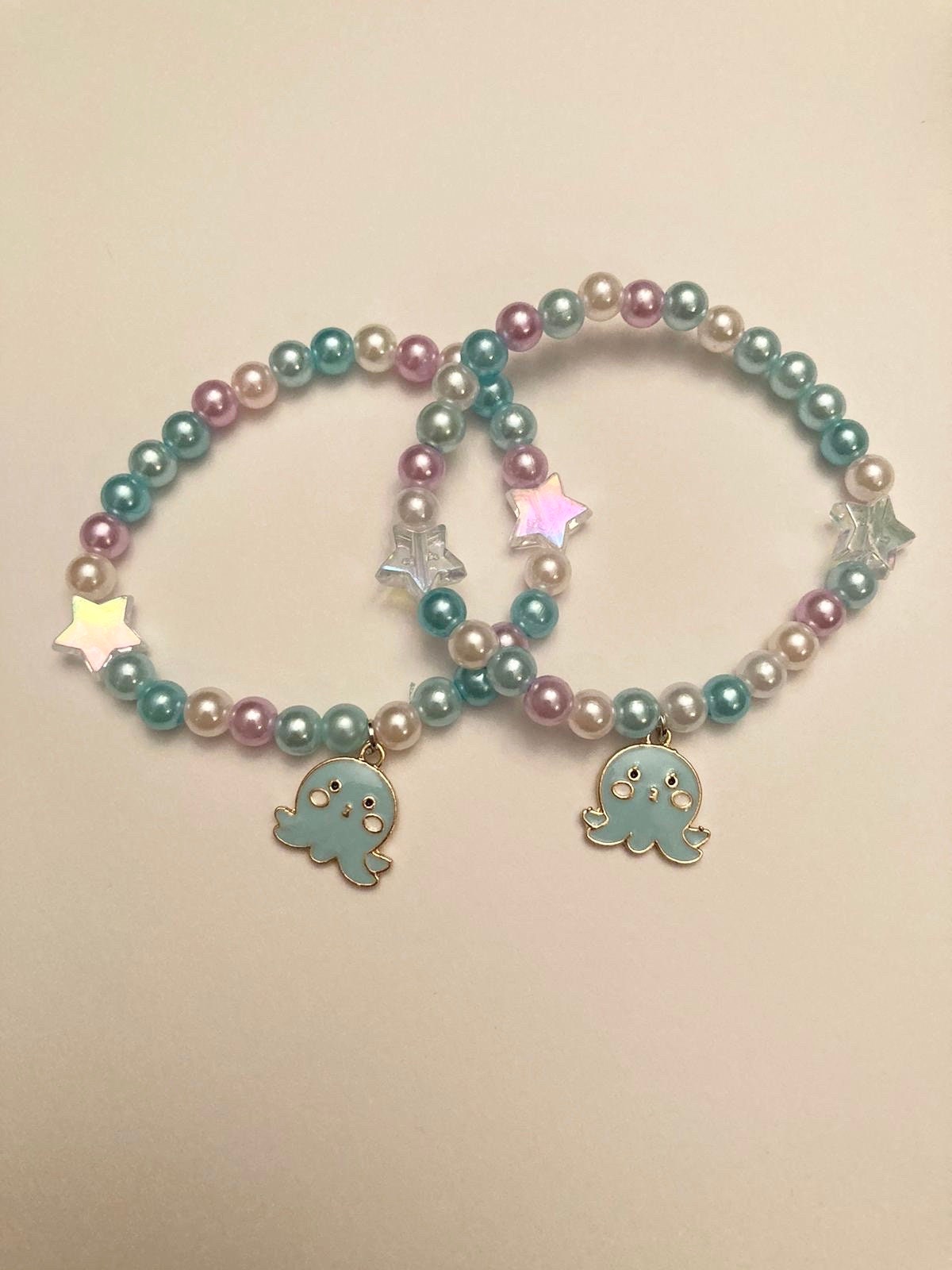 Bracelet Summer Design with Octopus Charm Cute Gift for Kids Happy Blue and Pink Beads Stars Jewelry GIft for Daughter