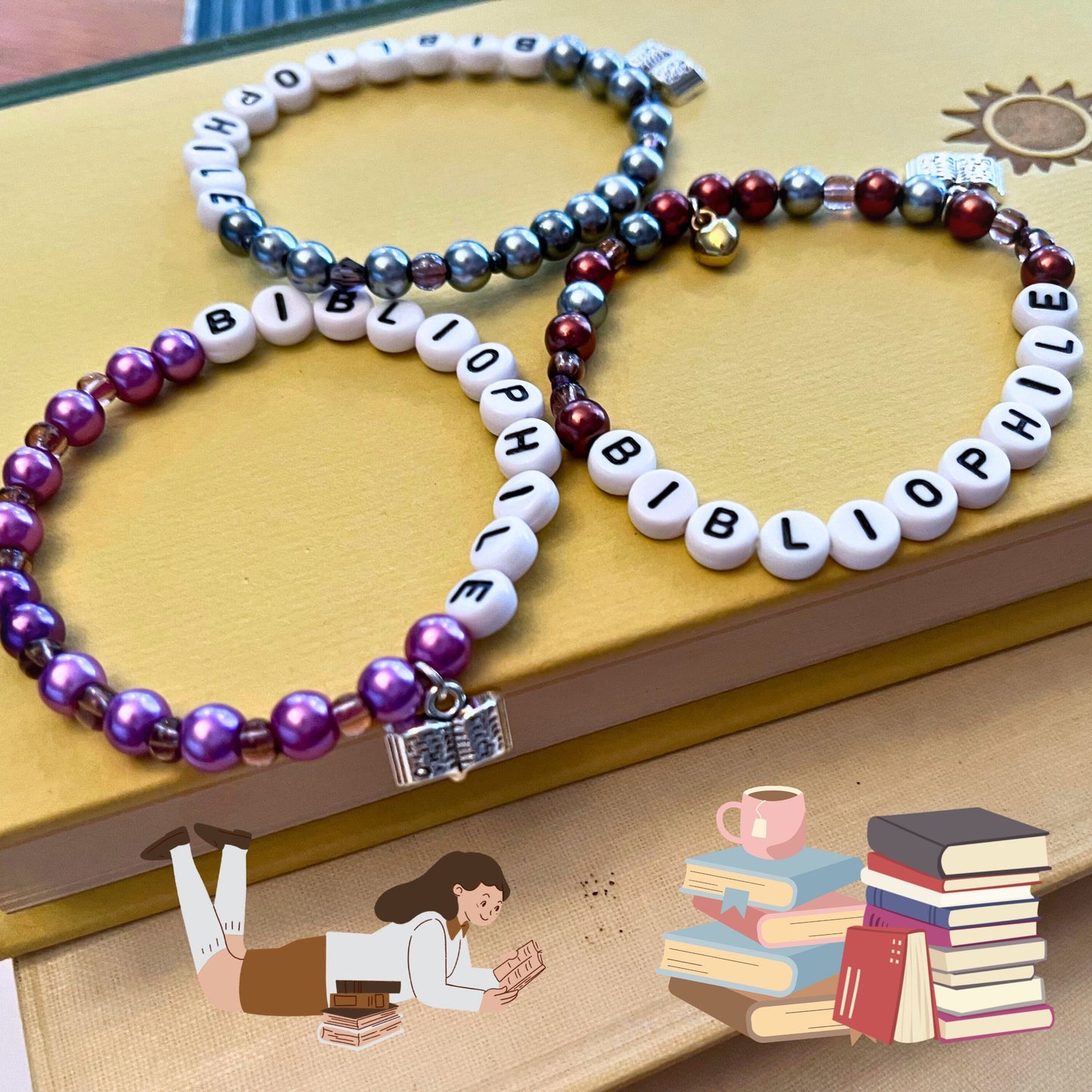 BIBLIOPHILE Armband för bokälskare Present för läsare Handgjorda smycken med bokberlock Armband bok 