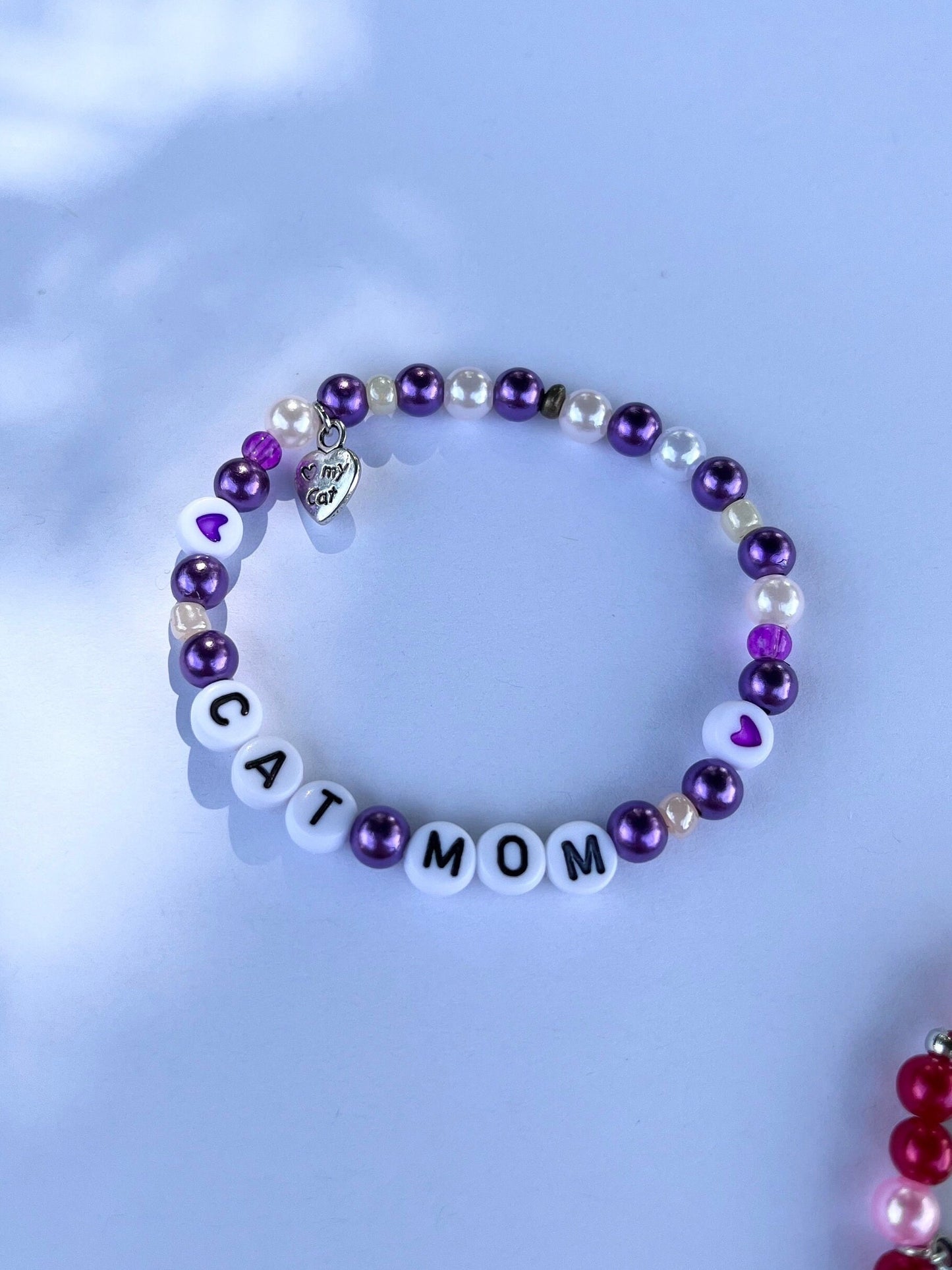 CAT MOM Bracelet Customizable Beaded Elastic Bracelet for Cat Owner Gift for Cat Lover Cat Jewelry I Love My Cat Charm Paw Pedant