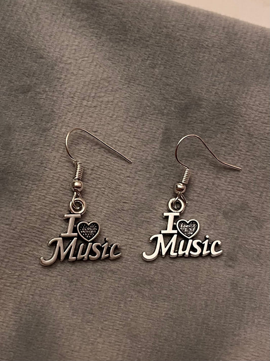 I Love Music Earrings Music Lover Gift Musician Drop dangle earrings Silver Imitation