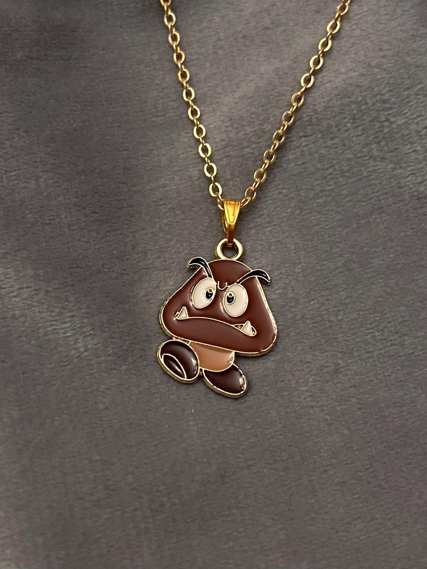 Nintendo Goomba Necklace with Charm Nostalgic Gift for Retro Gamer Handmade Video Game Jewelry Goomba Pendant Gold Goomba Charm