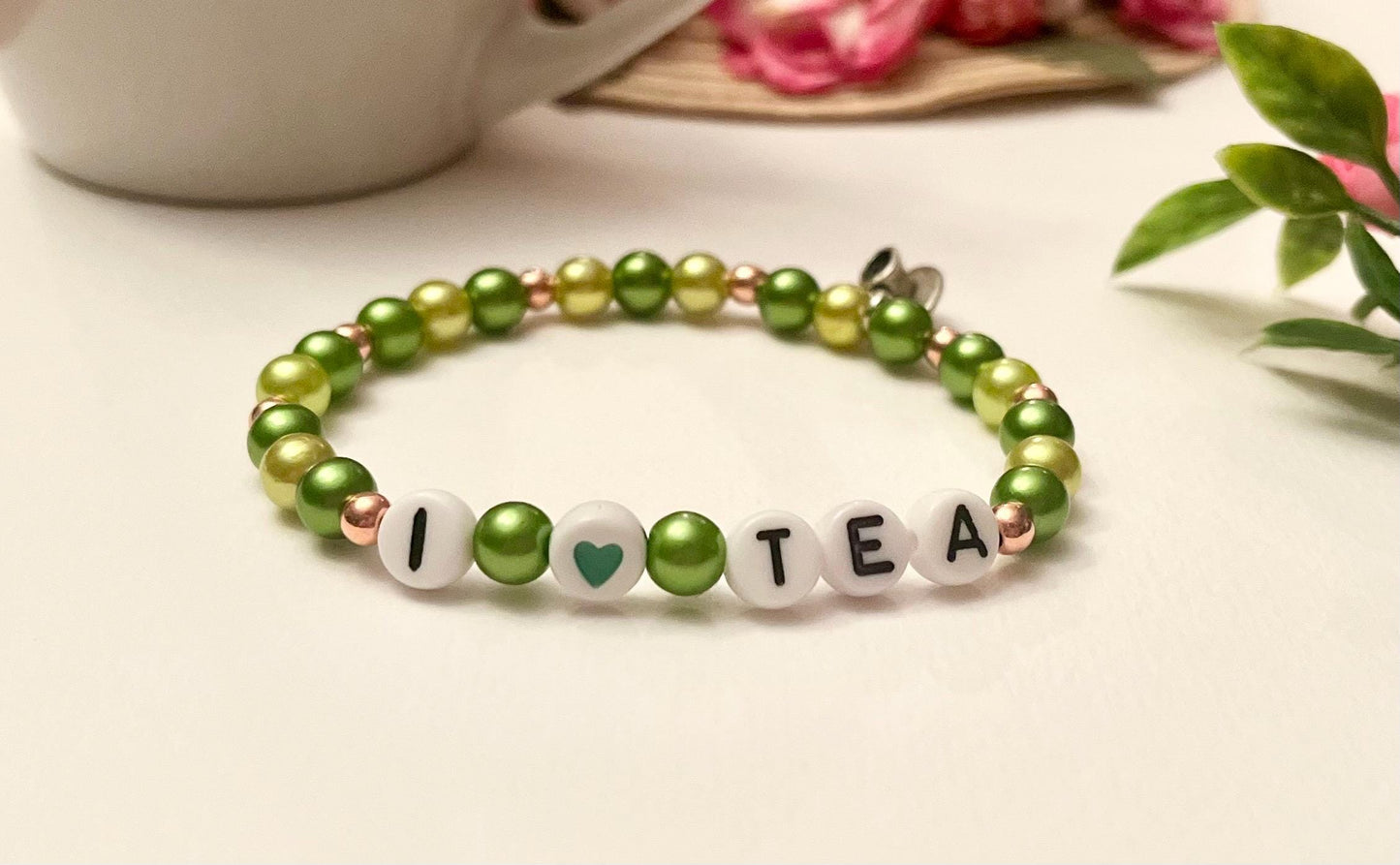 I LOVE TEA Armband Elastiskt pärlarmband för Teälskare Kopp berlock