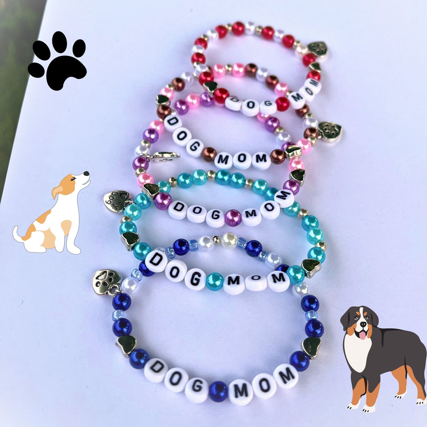 DOG MOM Bracelet Customizable Beaded Elastic Gift for Dog Owner Jewelry I Love Dogs Charm Bracelet I Love My Dog