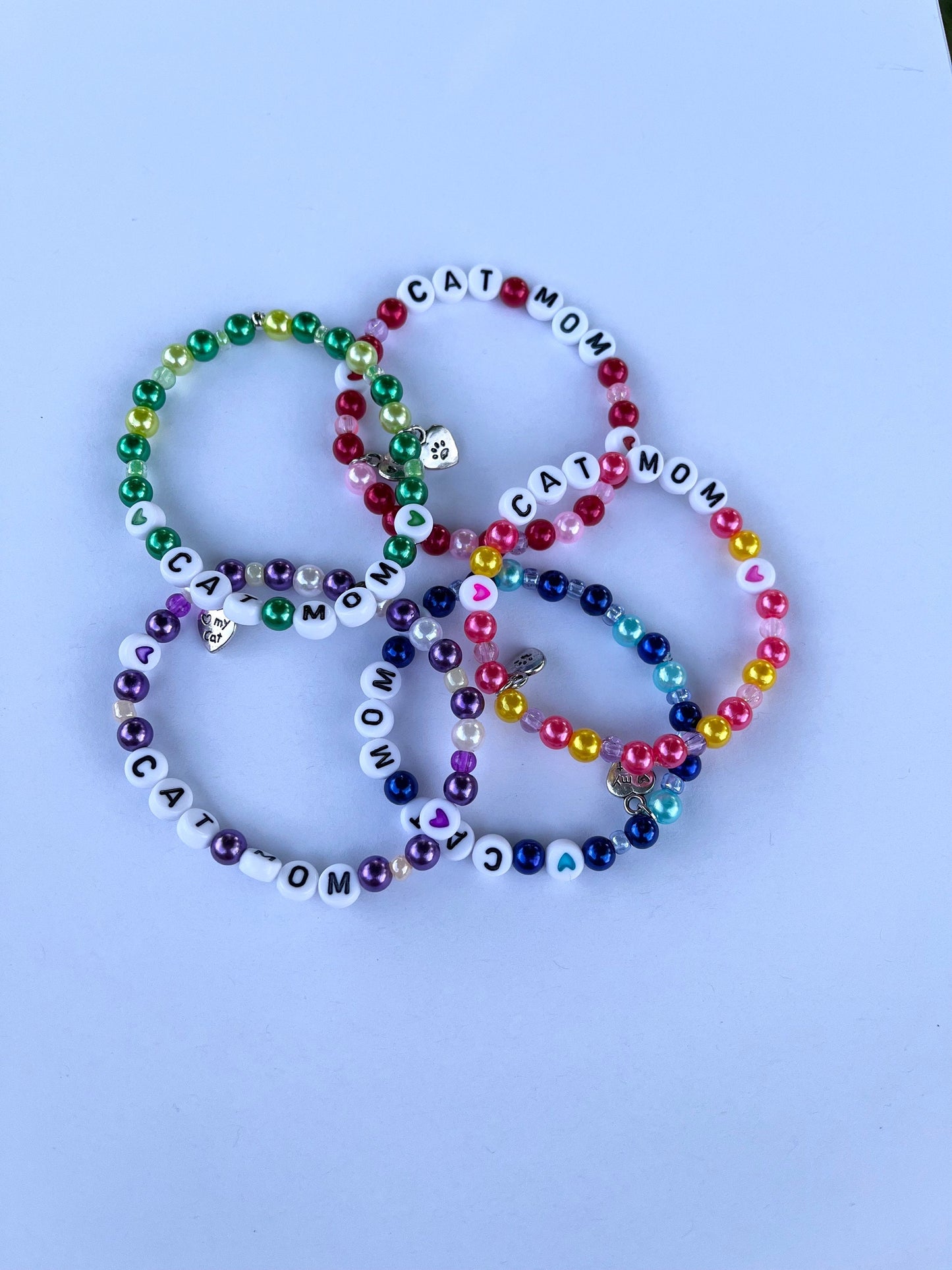 CAT MOM Bracelet Customizable Beaded Elastic Bracelet for Cat Owner Gift for Cat Lover Cat Jewelry I Love My Cat Charm Paw Pedant