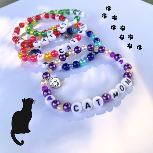 CAT MOM Bracelet Customizable Beaded Elastic Bracelet for Cat Owner Gift for Cat Lover Cat Jewelry I Love My Cat Charm Paw Pedant