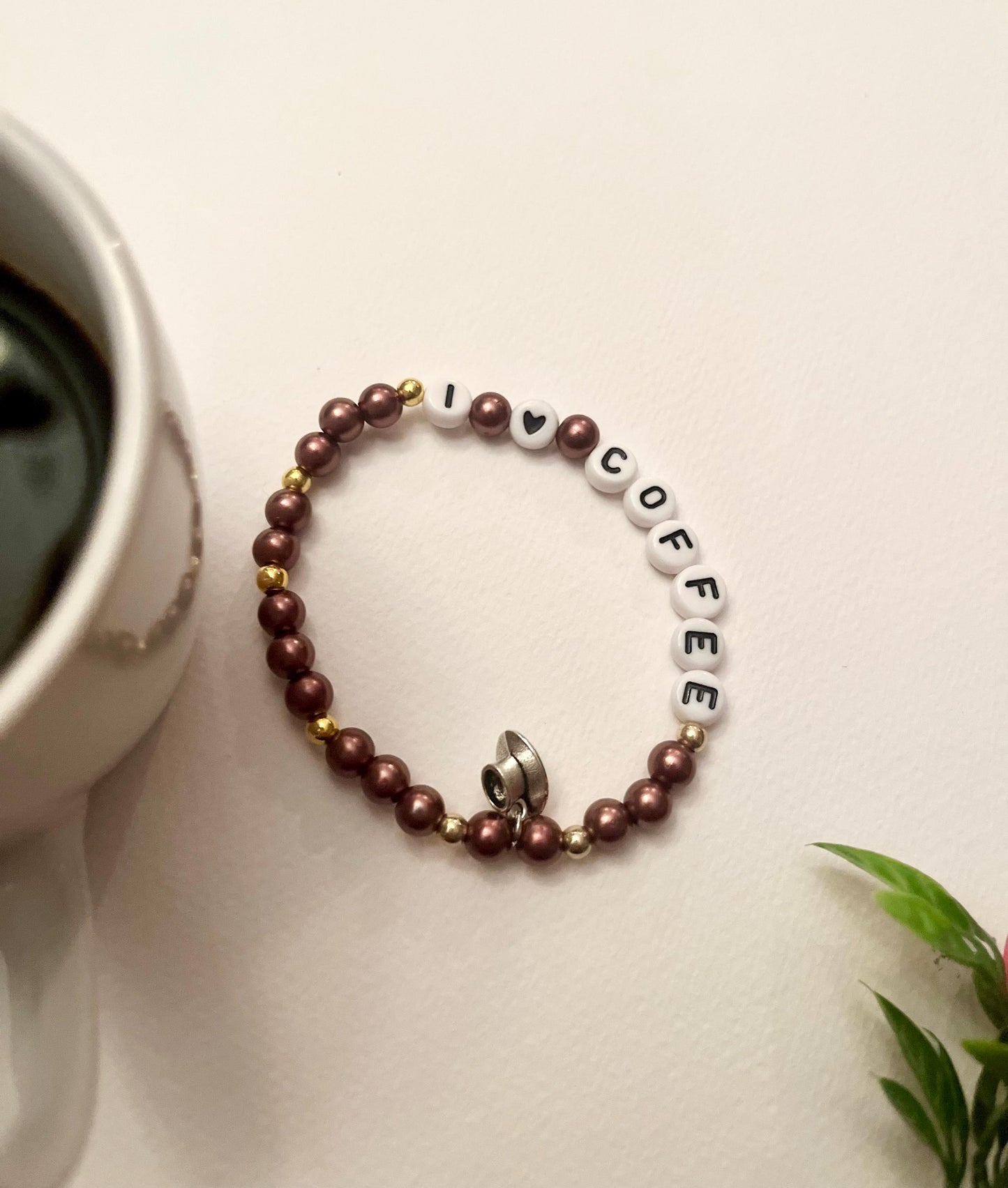 I love coffee Armband Elastiskt Pärlarmband för Kaffeälskare Kopp berlock