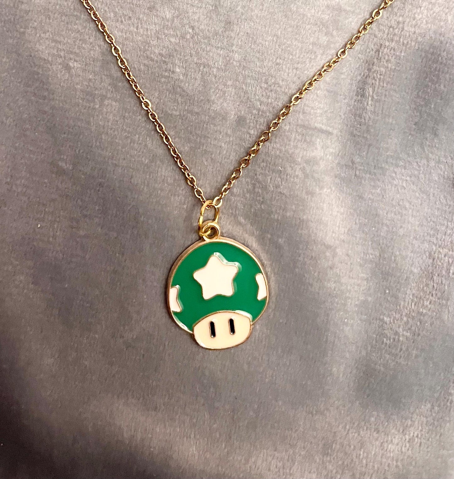 Nintendo 1-Up Mushroom Necklace Gold Imitation Super Mario Mushroom Charm Gift for Retro Gamer Handmade Video Game Jewelry Green Mushroom