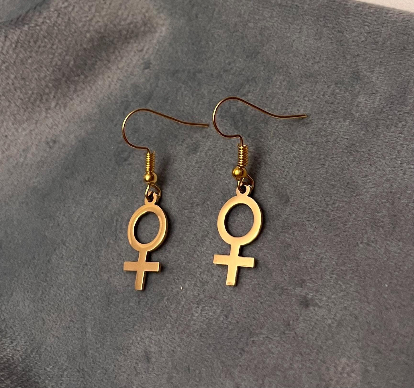 Golden Feminist Earrings Female Symbol Gift for Feminist Minimalistic Jewelry Woman Symbol Earrings Venus Symbol Gold Imitation