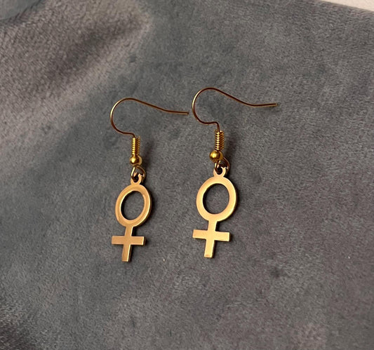 Golden Feminist Earrings Female Symbol Gift for Feminist Minimalistic Jewelry Woman Symbol Earrings Venus Symbol Gold Imitation