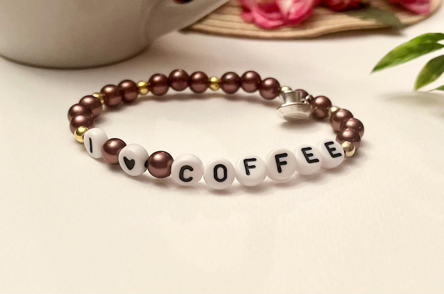 I love coffee Armband Elastiskt Pärlarmband för Kaffeälskare Kopp berlock
